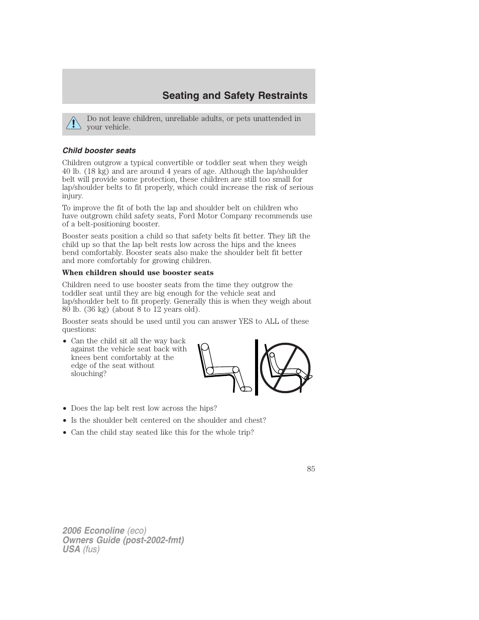 Child booster seats, Seating and safety restraints | FORD 2006 E-450 v.1 User Manual | Page 85 / 248