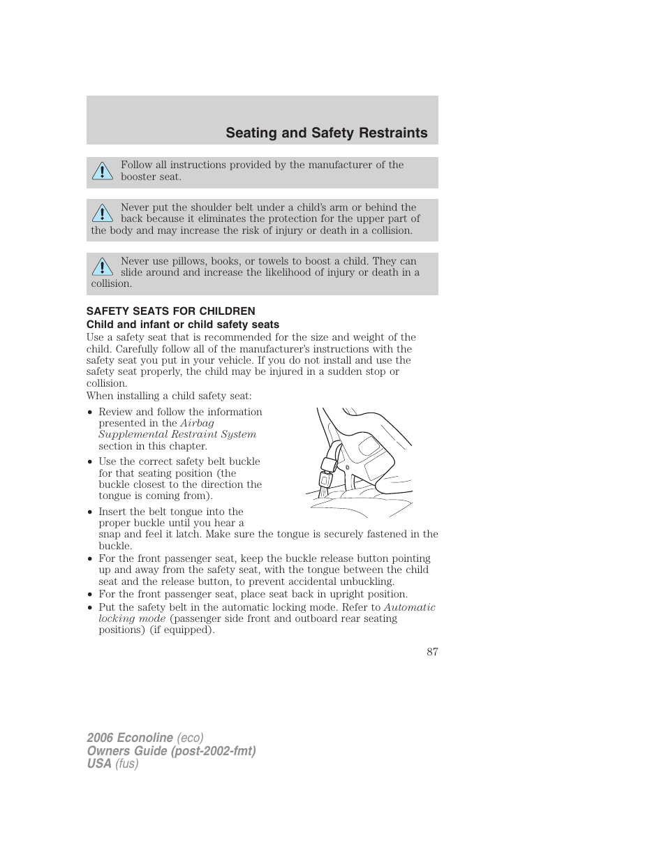 Safety seats for children, Child and infant or child safety seats, Seating and safety restraints | FORD 2006 E-450 v.1 User Manual | Page 87 / 248