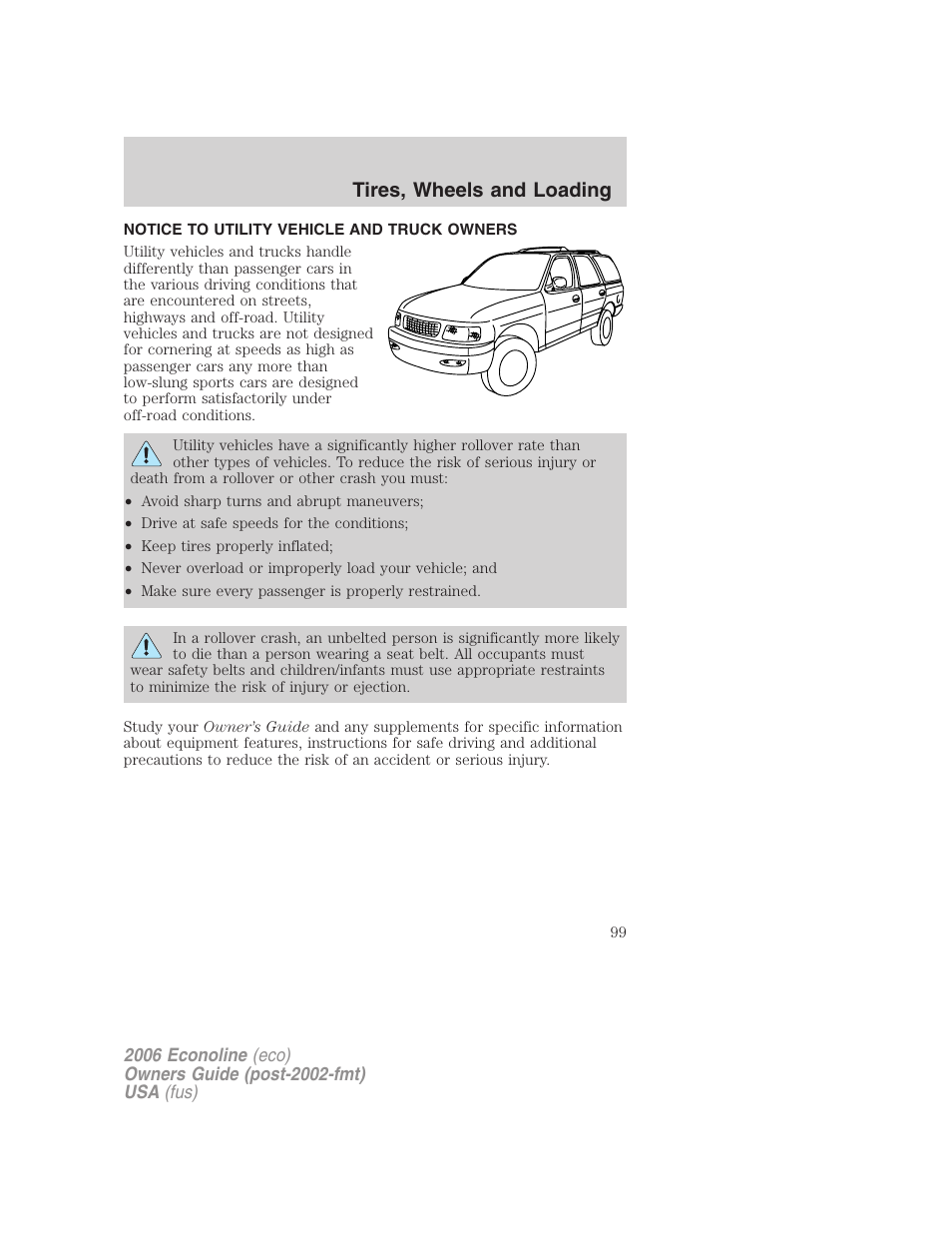 Tires, wheels and loading, Notice to utility vehicle and truck owners | FORD 2006 E-450 v.1 User Manual | Page 99 / 248