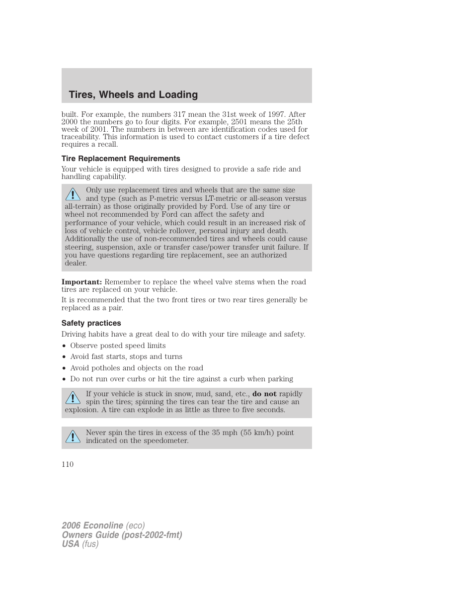 Tire replacement requirements, Safety practices, Tires, wheels and loading | FORD 2006 E-450 v.3 User Manual | Page 110 / 256