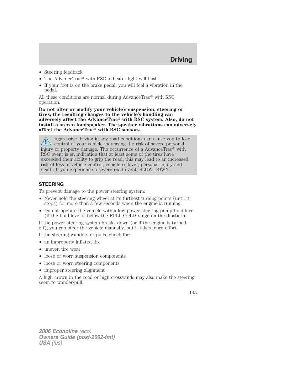 Steering, Driving | FORD 2006 E-450 v.3 User Manual | Page 145 / 256