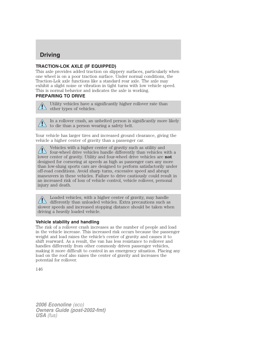 Traction-lok axle (if equipped), Preparing to drive, Vehicle stability and handling | Driving | FORD 2006 E-450 v.3 User Manual | Page 146 / 256