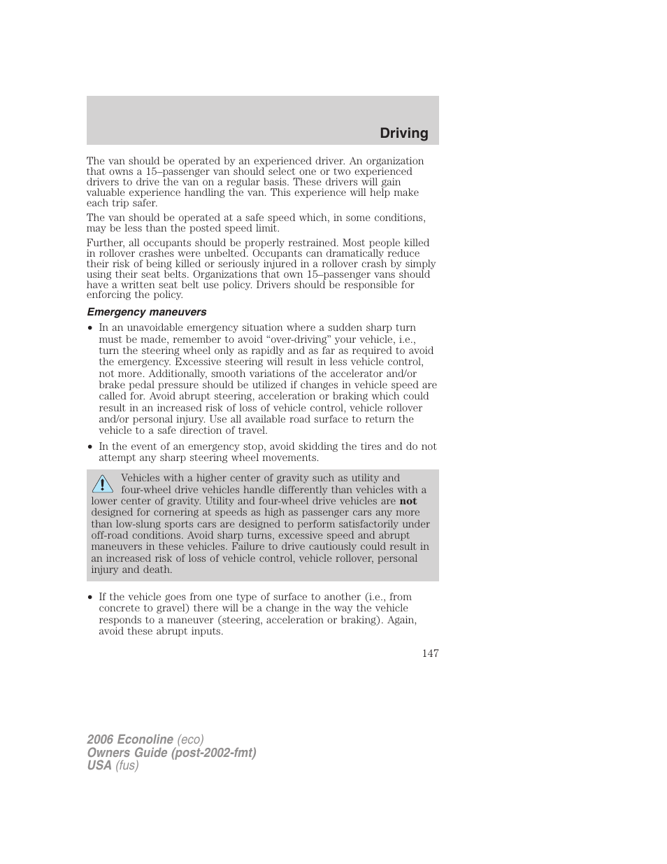 Emergency maneuvers, Driving | FORD 2006 E-450 v.3 User Manual | Page 147 / 256