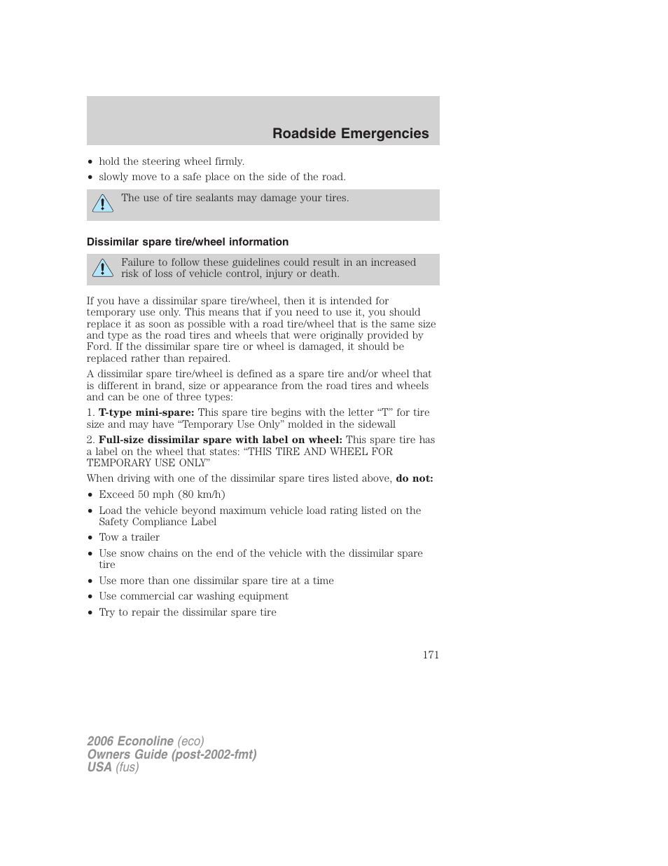 Dissimilar spare tire/wheel information, Roadside emergencies | FORD 2006 E-450 v.3 User Manual | Page 171 / 256