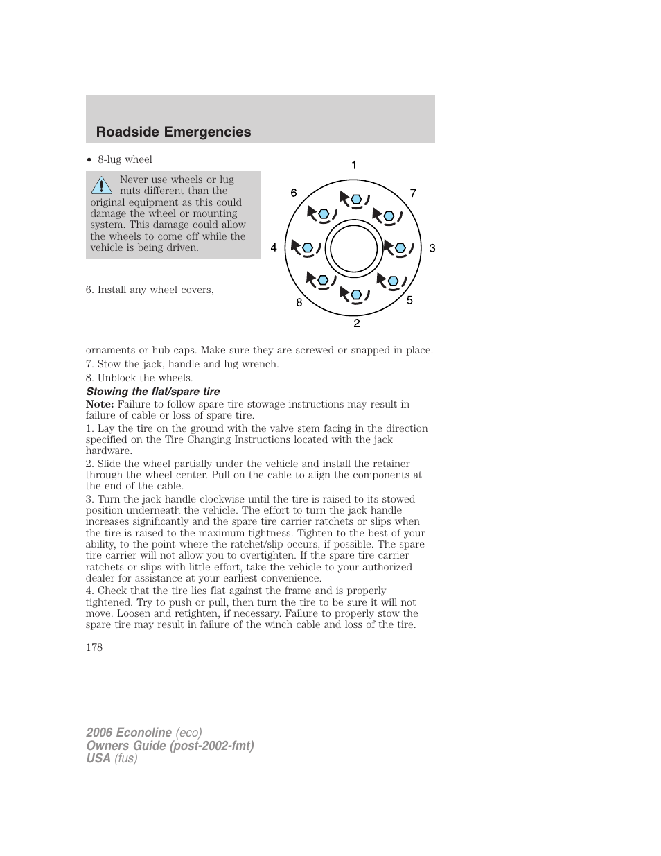 Stowing the flat/spare tire, Roadside emergencies | FORD 2006 E-450 v.3 User Manual | Page 178 / 256