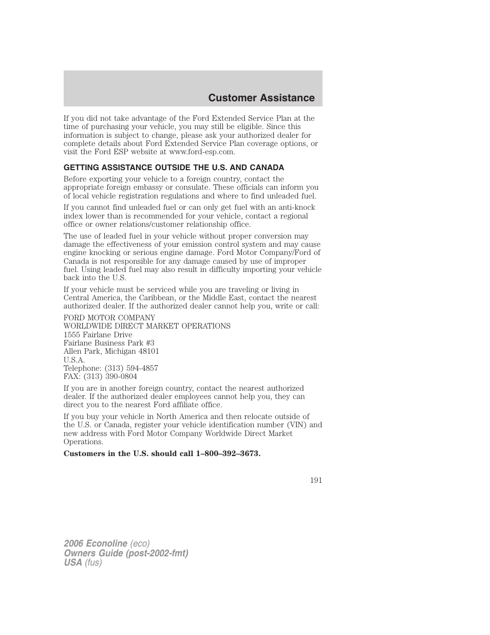 Getting assistance outside the u.s. and canada, Customer assistance | FORD 2006 E-450 v.3 User Manual | Page 191 / 256