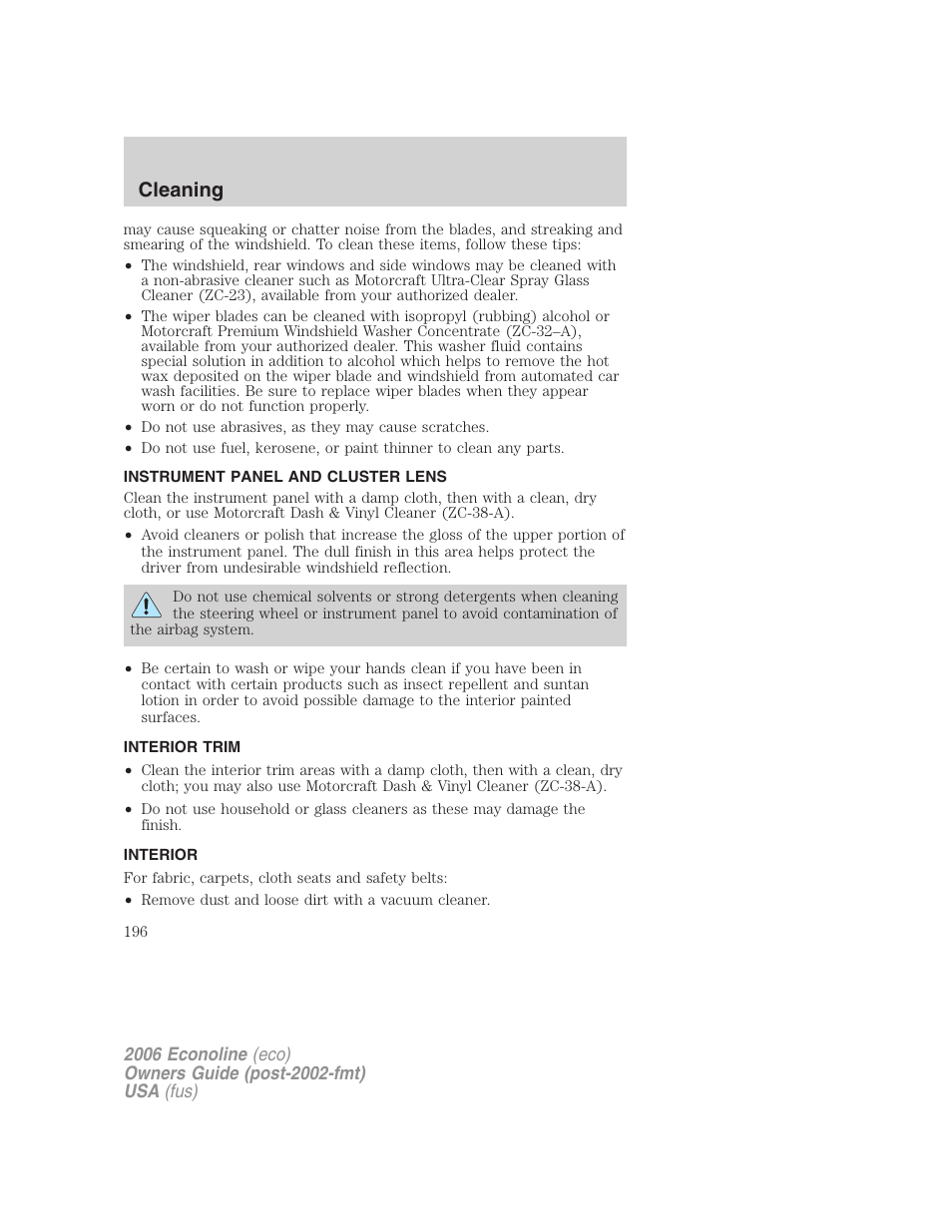 Instrument panel and cluster lens, Interior trim, Interior | Cleaning | FORD 2006 E-450 v.3 User Manual | Page 196 / 256