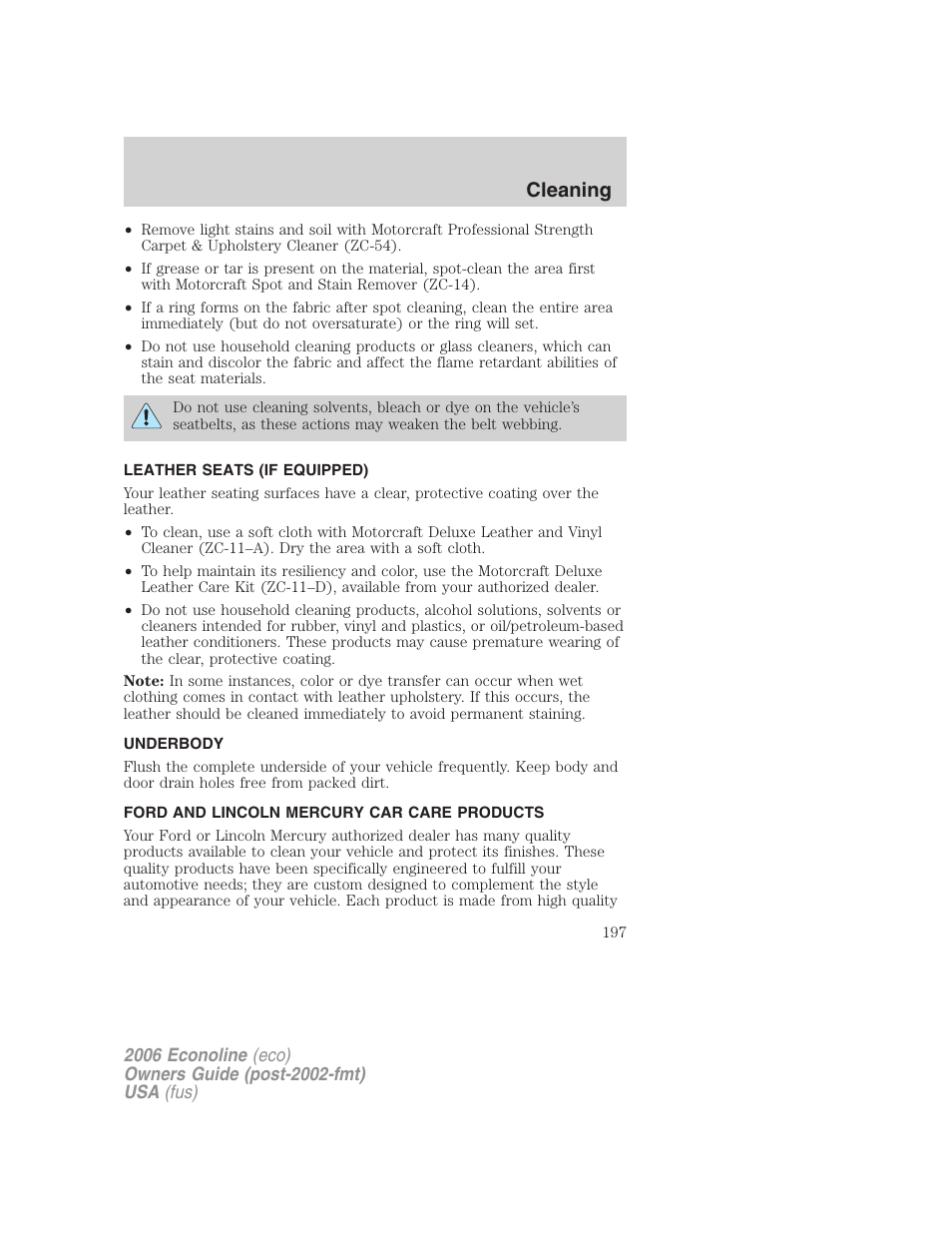 Leather seats (if equipped), Underbody, Ford and lincoln mercury car care products | Underbody preservation, Cleaning | FORD 2006 E-450 v.3 User Manual | Page 197 / 256