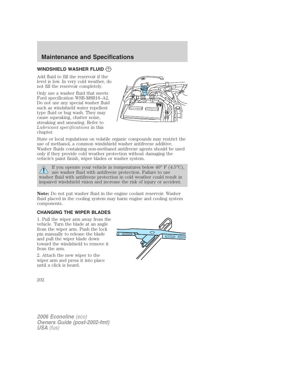 Windshield washer fluid, Changing the wiper blades, Maintenance and specifications | FORD 2006 E-450 v.3 User Manual | Page 202 / 256