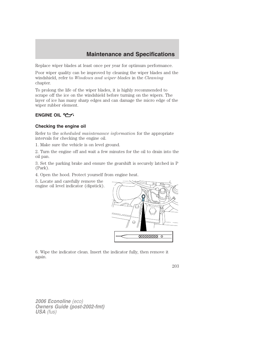 Engine oil, Checking the engine oil, Maintenance and specifications | FORD 2006 E-450 v.3 User Manual | Page 203 / 256