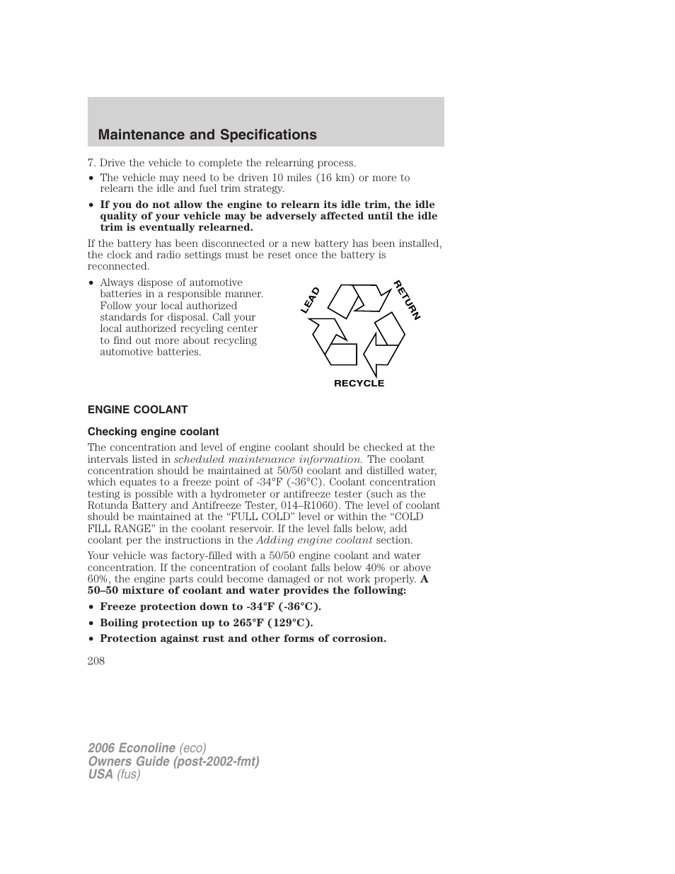 Engine coolant, Checking engine coolant, Maintenance and specifications | FORD 2006 E-450 v.3 User Manual | Page 208 / 256