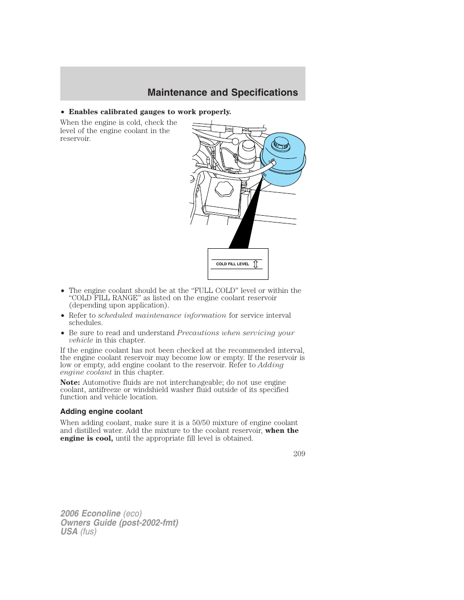 Adding engine coolant, Maintenance and specifications | FORD 2006 E-450 v.3 User Manual | Page 209 / 256