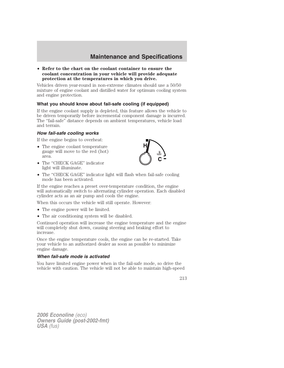 How fail-safe cooling works, When fail-safe mode is activated, Maintenance and specifications | FORD 2006 E-450 v.3 User Manual | Page 213 / 256