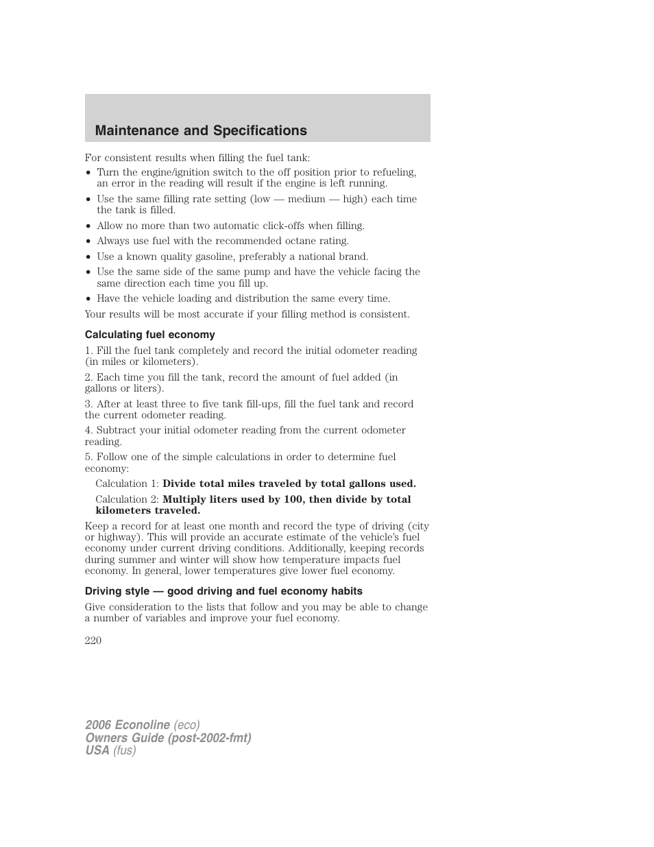 Calculating fuel economy, Maintenance and specifications | FORD 2006 E-450 v.3 User Manual | Page 220 / 256