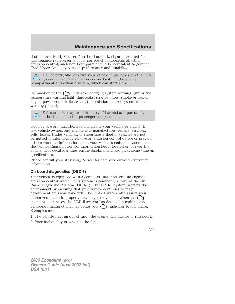 On board diagnostics (obd-ii), Maintenance and specifications | FORD 2006 E-450 v.3 User Manual | Page 223 / 256