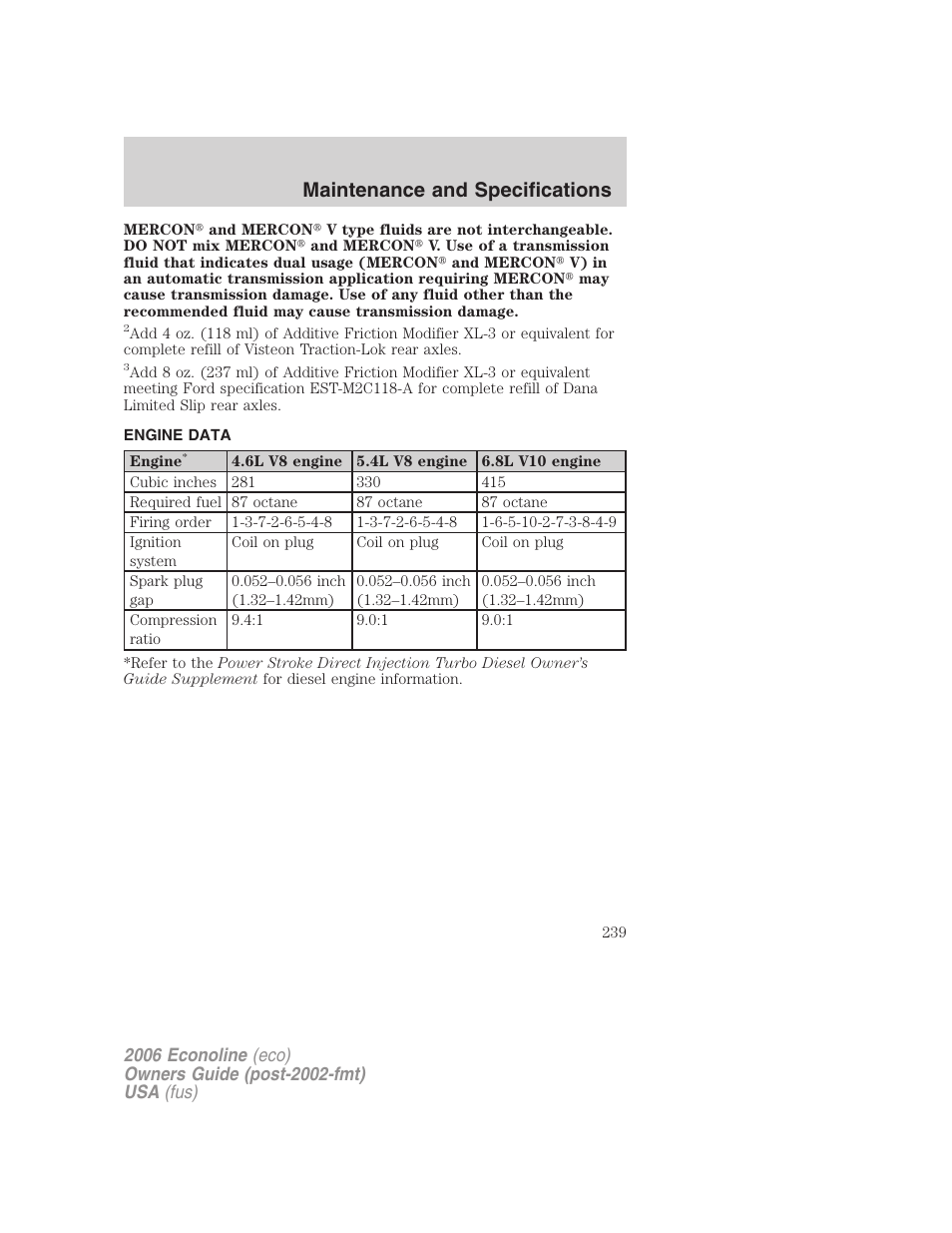 Engine data, Maintenance and specifications | FORD 2006 E-450 v.3 User Manual | Page 239 / 256