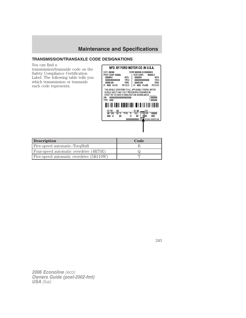 Transmission/transaxle code designations, Maintenance and specifications | FORD 2006 E-450 v.3 User Manual | Page 243 / 256