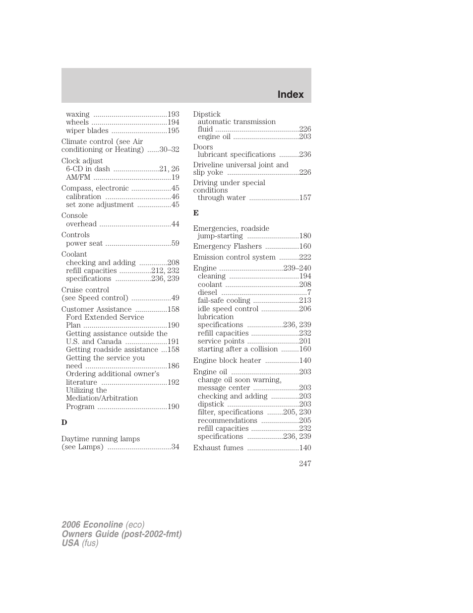 Index | FORD 2006 E-450 v.3 User Manual | Page 247 / 256