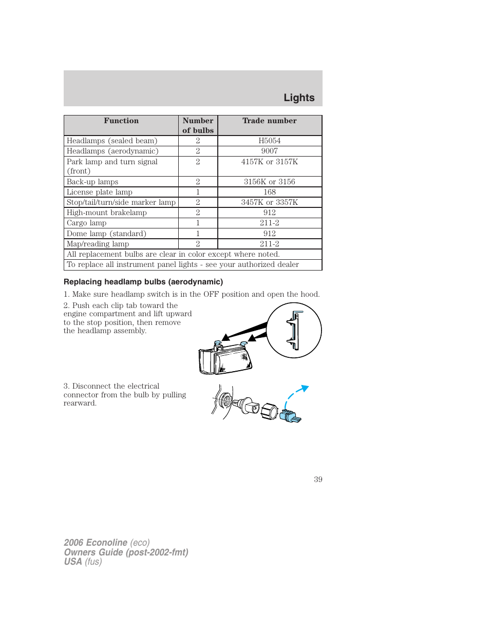 Replacing headlamp bulbs (aerodynamic), Lights | FORD 2006 E-450 v.3 User Manual | Page 39 / 256