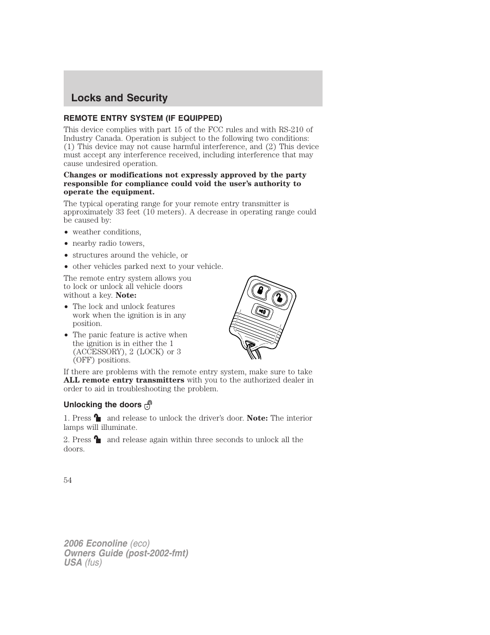 Remote entry system (if equipped), Unlocking the doors, Locks and security | FORD 2006 E-450 v.3 User Manual | Page 54 / 256