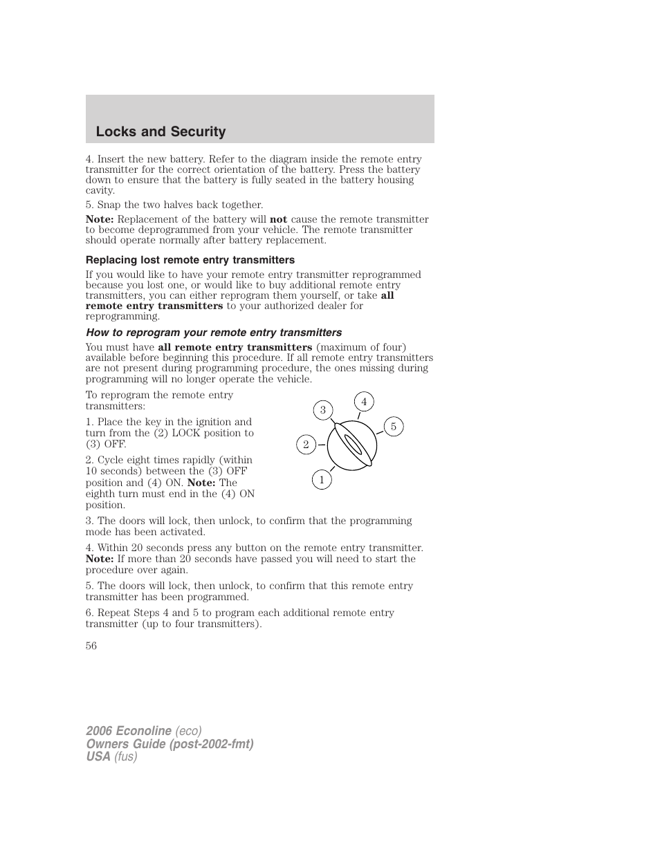 Replacing lost remote entry transmitters, How to reprogram your remote entry transmitters, Locks and security | FORD 2006 E-450 v.3 User Manual | Page 56 / 256