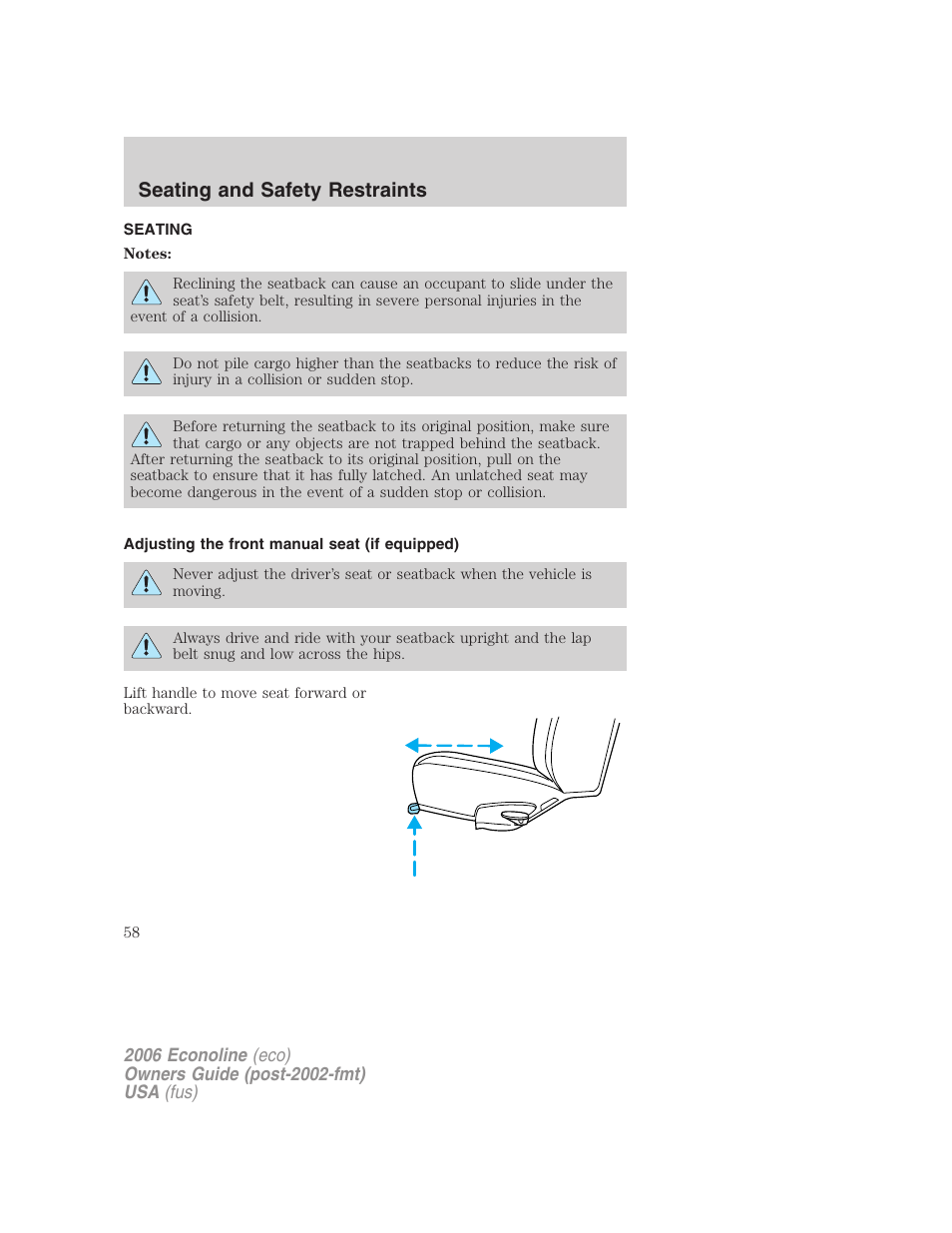 Seating and safety restraints, Seating, Adjusting the front manual seat (if equipped) | FORD 2006 E-450 v.3 User Manual | Page 58 / 256