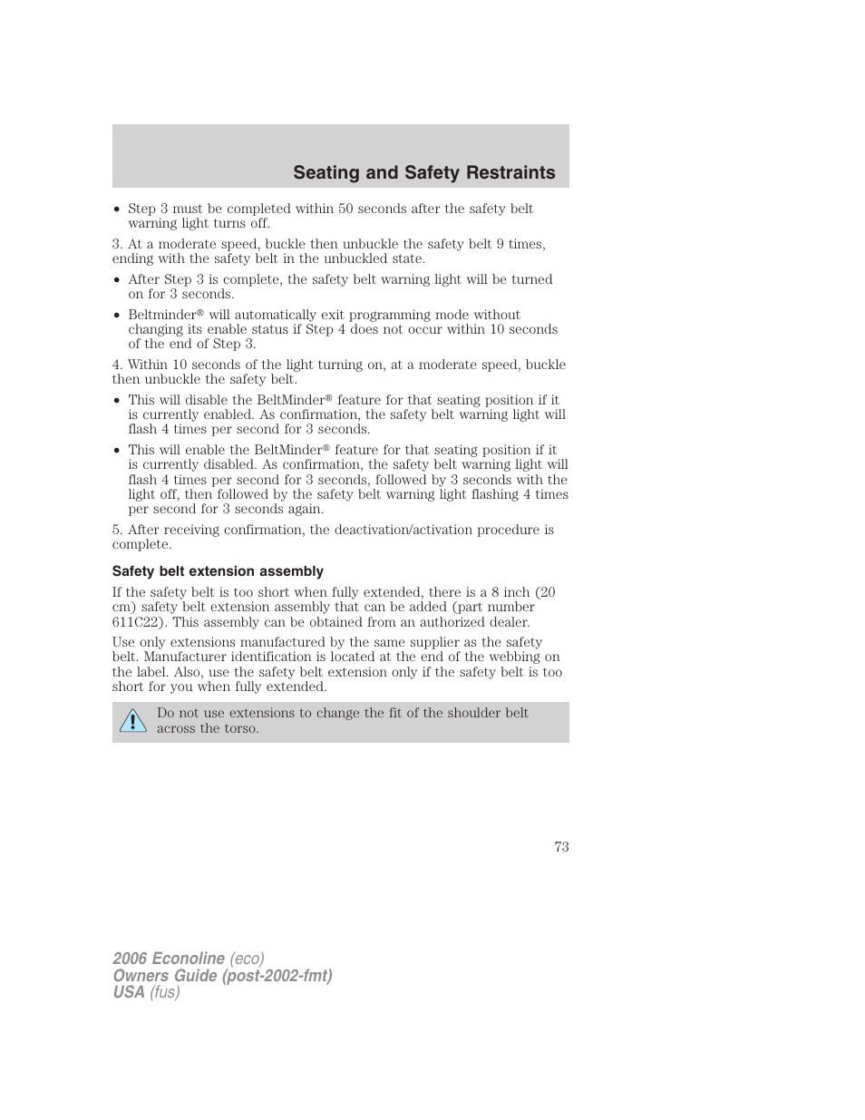 Safety belt extension assembly, Seating and safety restraints | FORD 2006 E-450 v.3 User Manual | Page 73 / 256