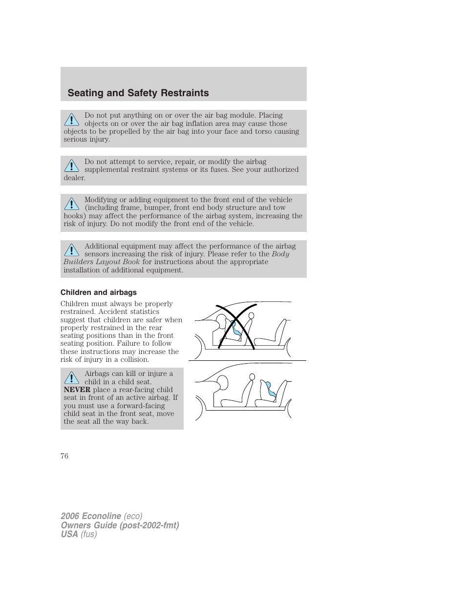 Children and airbags, Seating and safety restraints | FORD 2006 E-450 v.3 User Manual | Page 76 / 256