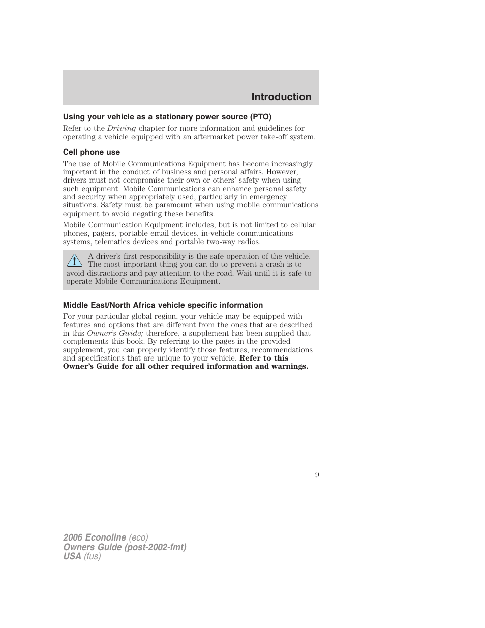 Cell phone use, Introduction | FORD 2006 E-450 v.3 User Manual | Page 9 / 256