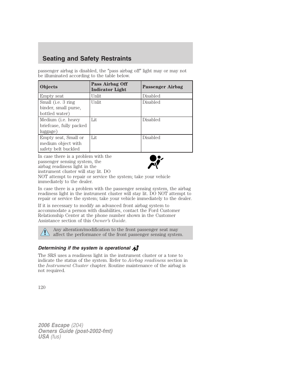 Determining if the system is operational, Seating and safety restraints | FORD 2006 Escape v.1 User Manual | Page 120 / 288