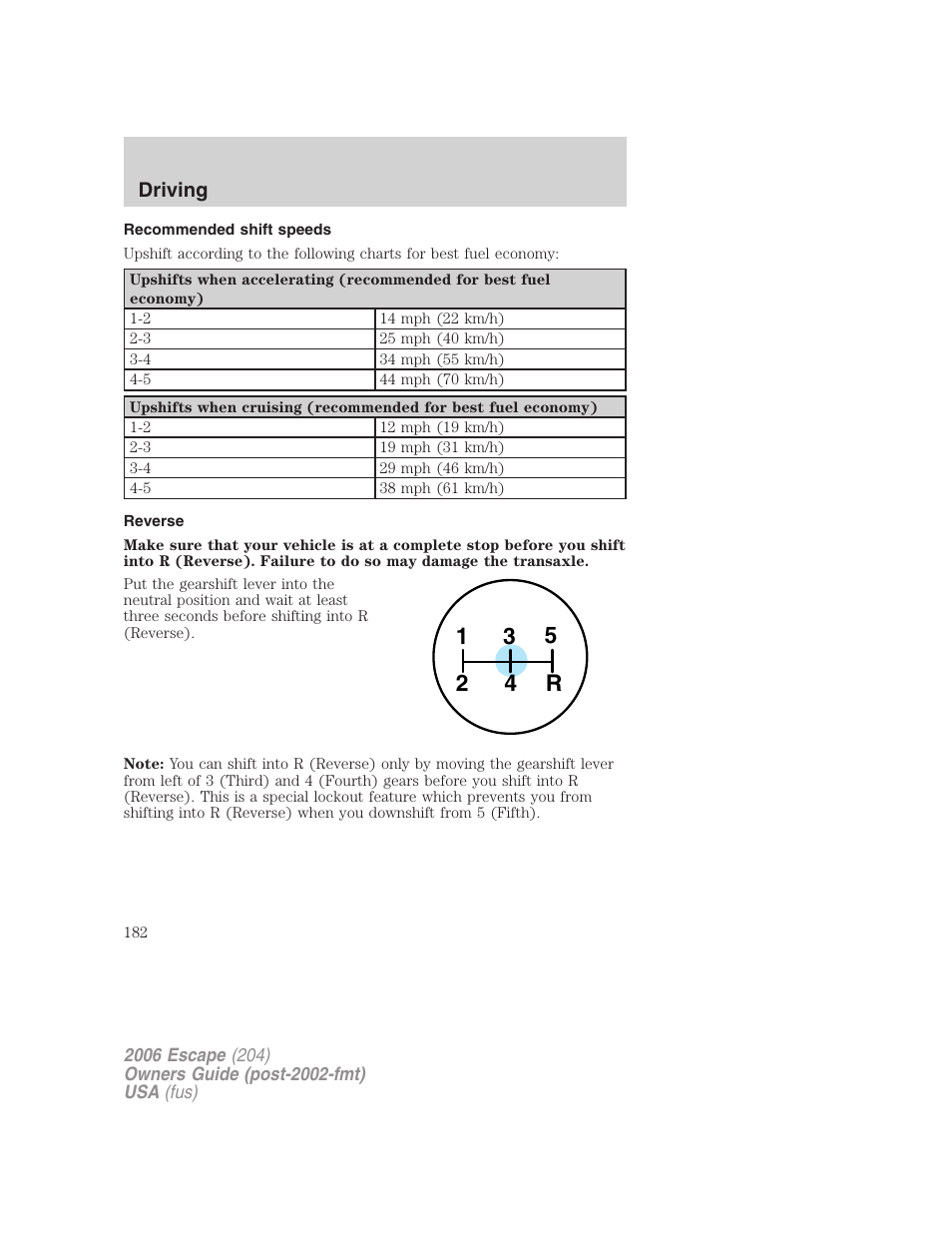 Recommended shift speeds, Reverse | FORD 2006 Escape v.1 User Manual | Page 182 / 288