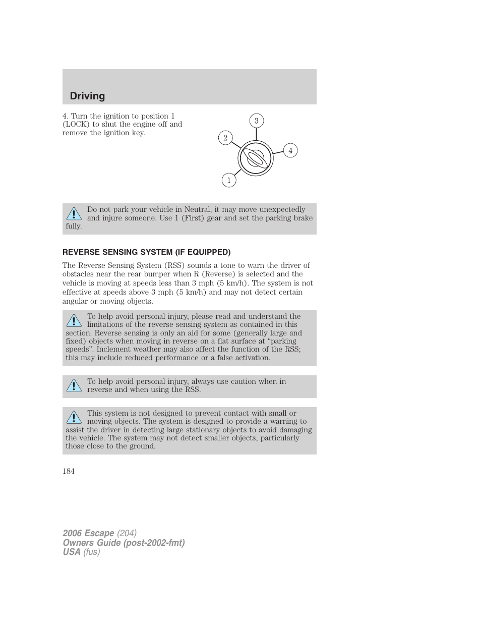 Reverse sensing system (if equipped), Driving | FORD 2006 Escape v.1 User Manual | Page 184 / 288