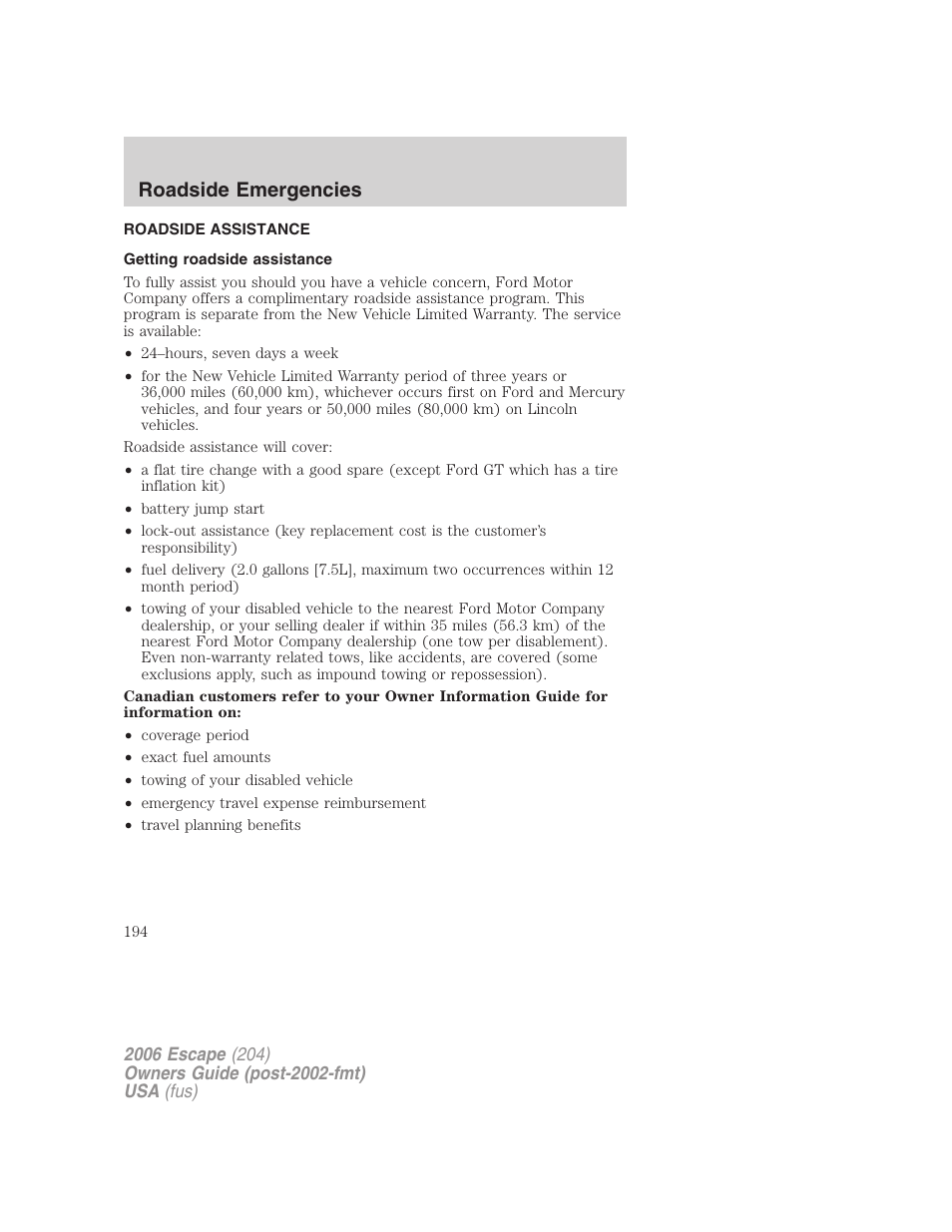 Roadside emergencies, Roadside assistance, Getting roadside assistance | FORD 2006 Escape v.1 User Manual | Page 194 / 288
