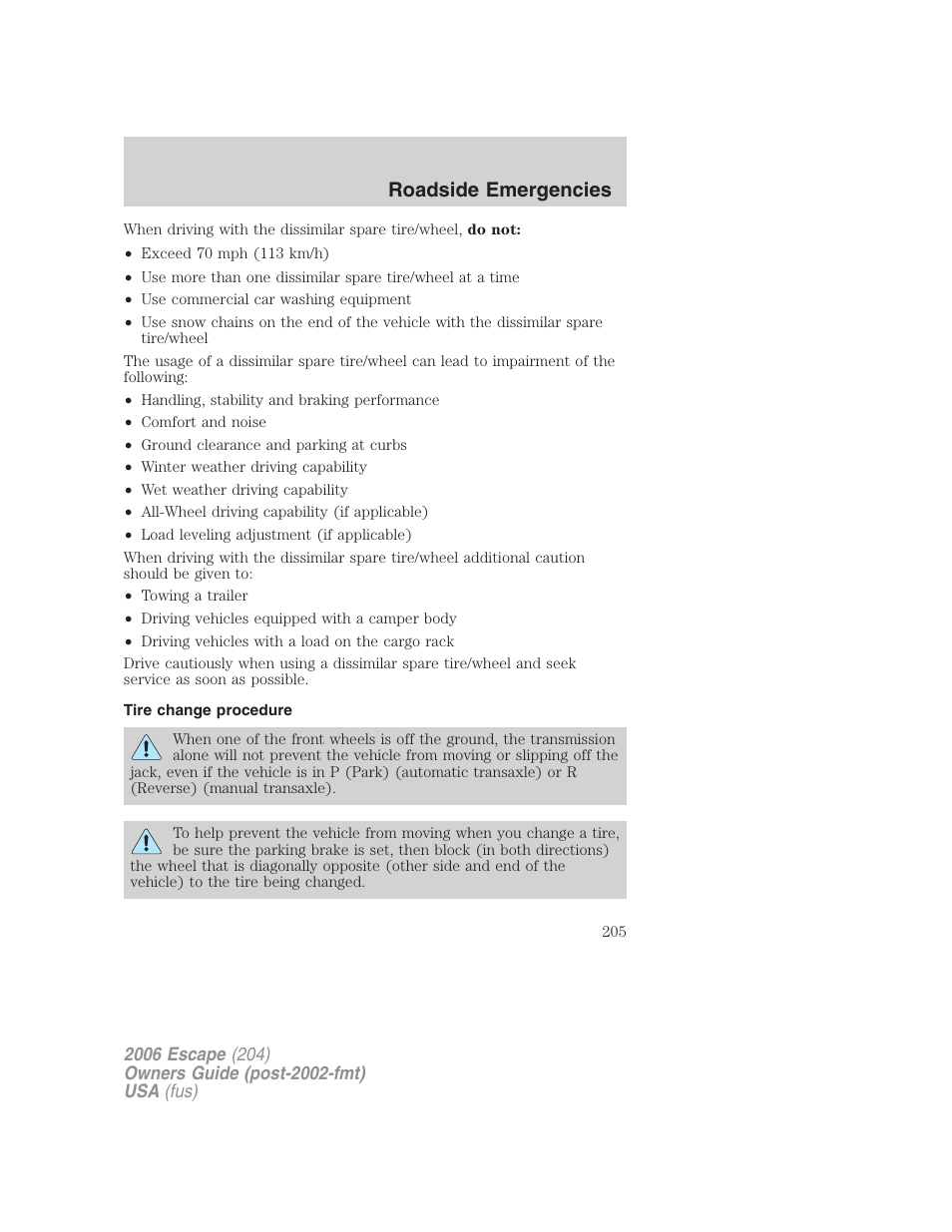 Tire change procedure, Roadside emergencies | FORD 2006 Escape v.1 User Manual | Page 205 / 288