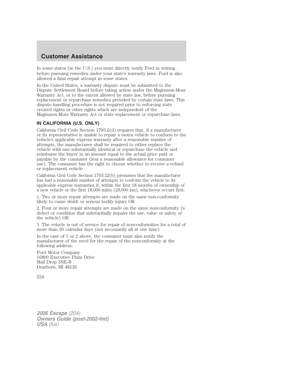 In california (u.s. only), Customer assistance | FORD 2006 Escape v.1 User Manual | Page 224 / 288