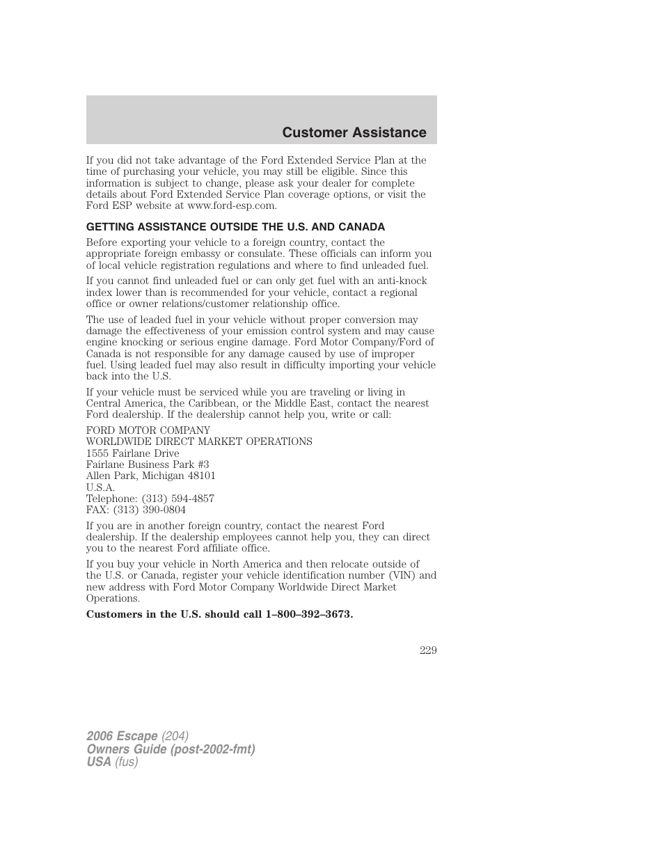 Getting assistance outside the u.s. and canada, Customer assistance | FORD 2006 Escape v.1 User Manual | Page 229 / 288