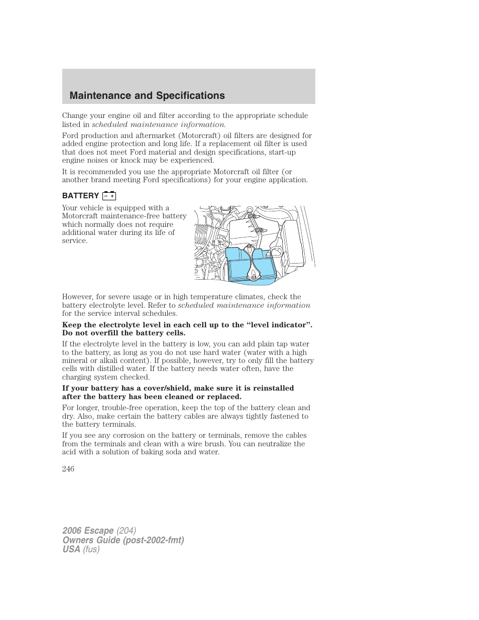 Battery, Maintenance and specifications | FORD 2006 Escape v.1 User Manual | Page 246 / 288