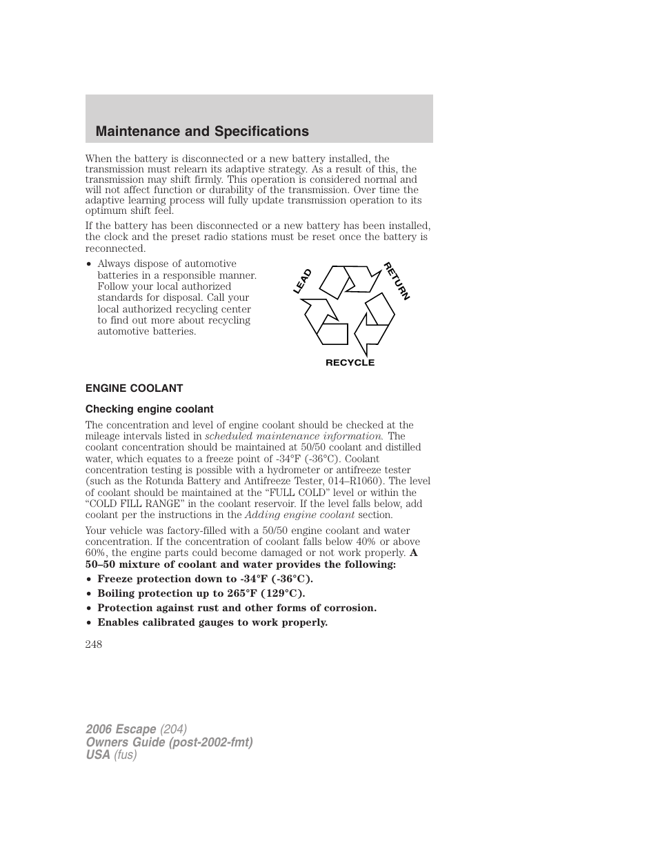 Engine coolant, Checking engine coolant, Maintenance and specifications | FORD 2006 Escape v.1 User Manual | Page 248 / 288