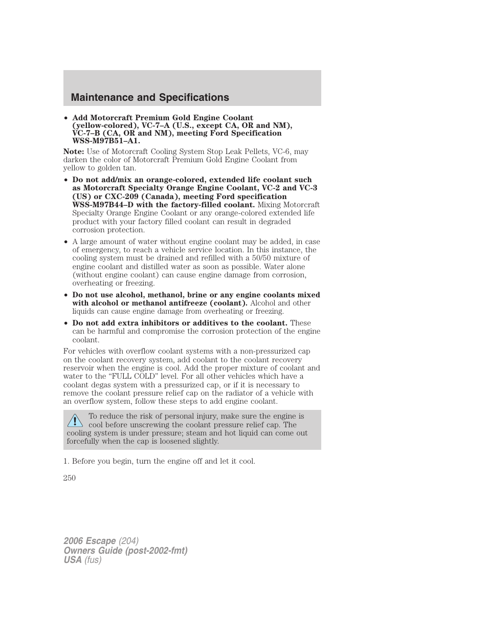 Maintenance and specifications | FORD 2006 Escape v.1 User Manual | Page 250 / 288