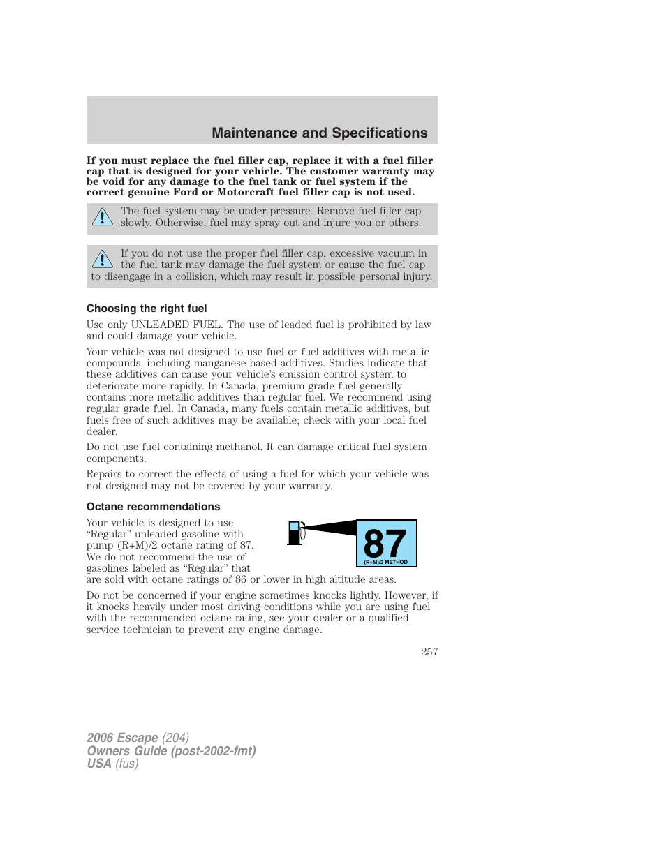 Choosing the right fuel, Octane recommendations | FORD 2006 Escape v.1 User Manual | Page 257 / 288