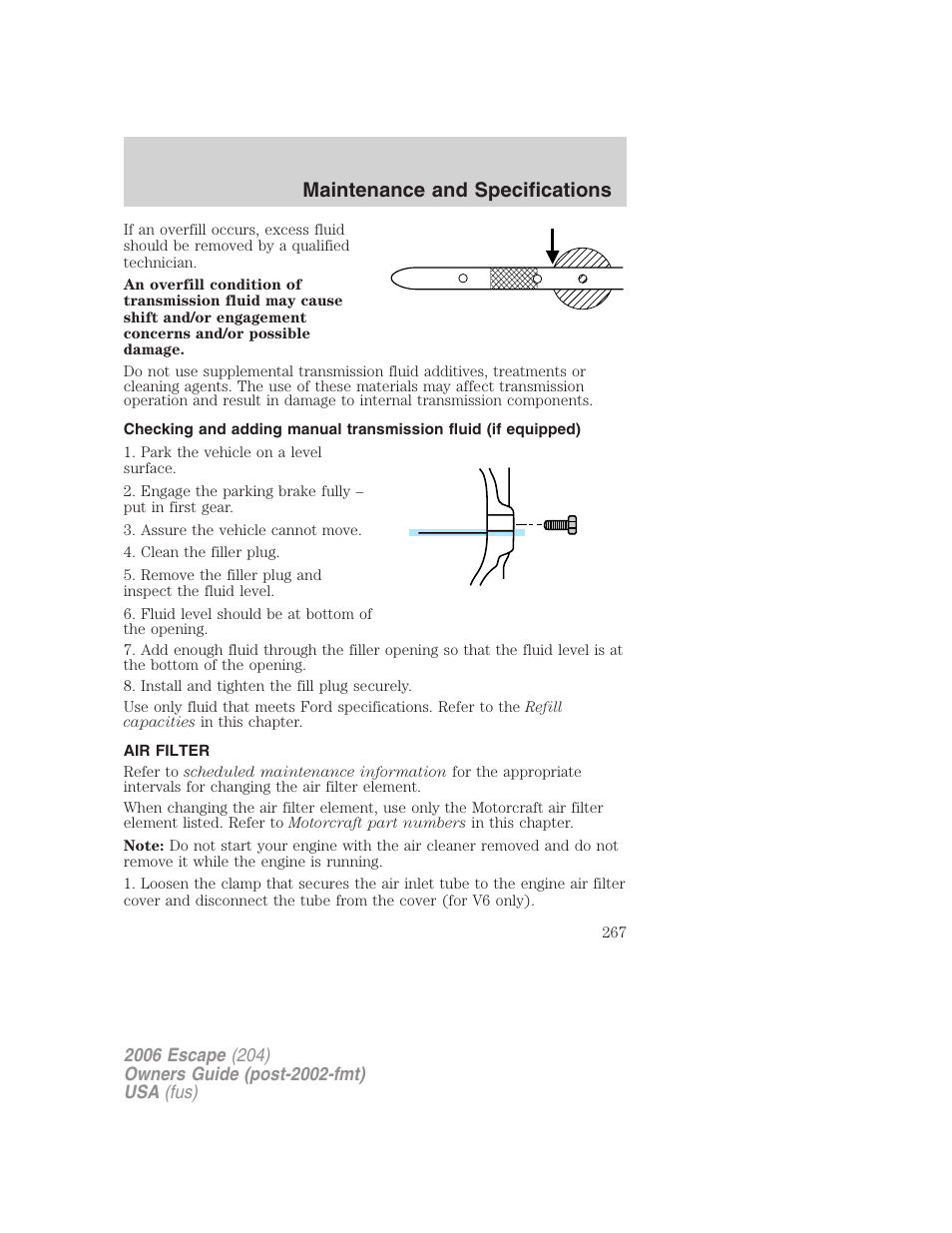 Air filter, Air filter(s), Maintenance and specifications | FORD 2006 Escape v.1 User Manual | Page 267 / 288