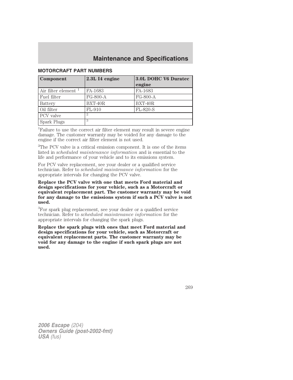 Motorcraft part numbers, Part numbers, Maintenance and specifications | FORD 2006 Escape v.1 User Manual | Page 269 / 288
