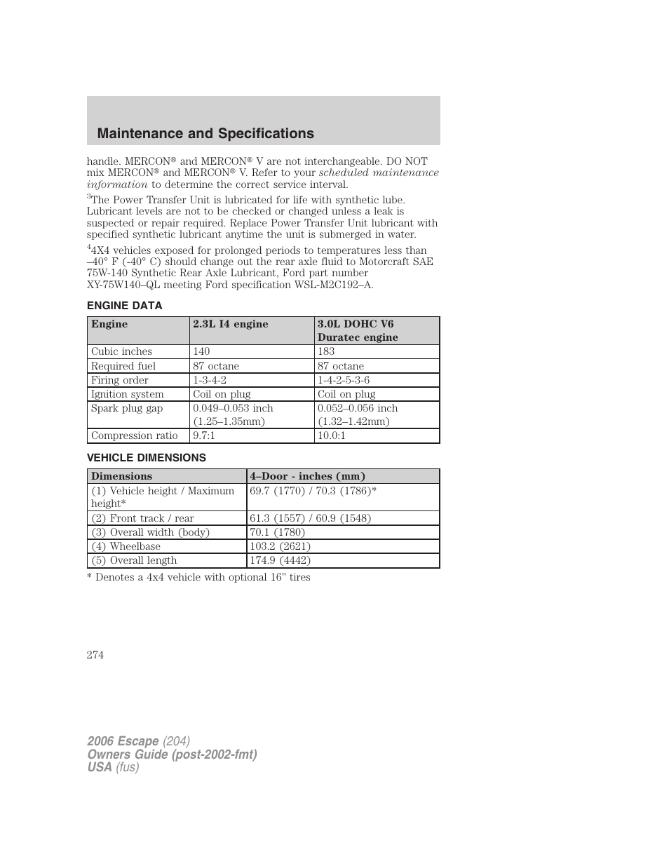 Engine data, Vehicle dimensions, Maintenance and specifications | FORD 2006 Escape v.1 User Manual | Page 274 / 288