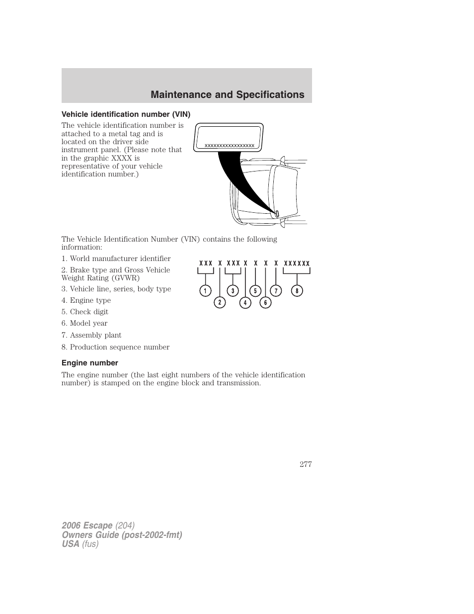 Vehicle identification number (vin), Engine number, Maintenance and specifications | FORD 2006 Escape v.1 User Manual | Page 277 / 288