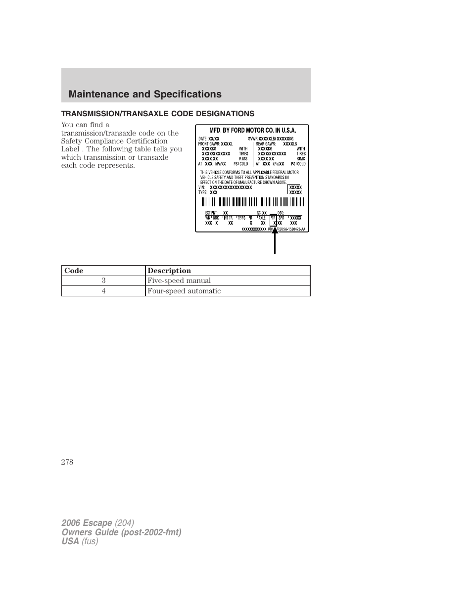 Transmission/transaxle code designations, Maintenance and specifications | FORD 2006 Escape v.1 User Manual | Page 278 / 288