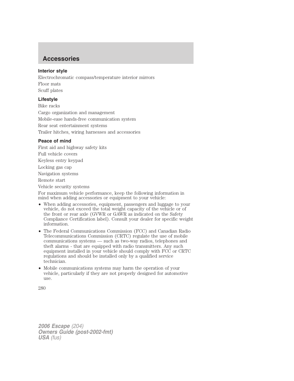 Interior style, Lifestyle, Peace of mind | Accessories | FORD 2006 Escape v.1 User Manual | Page 280 / 288