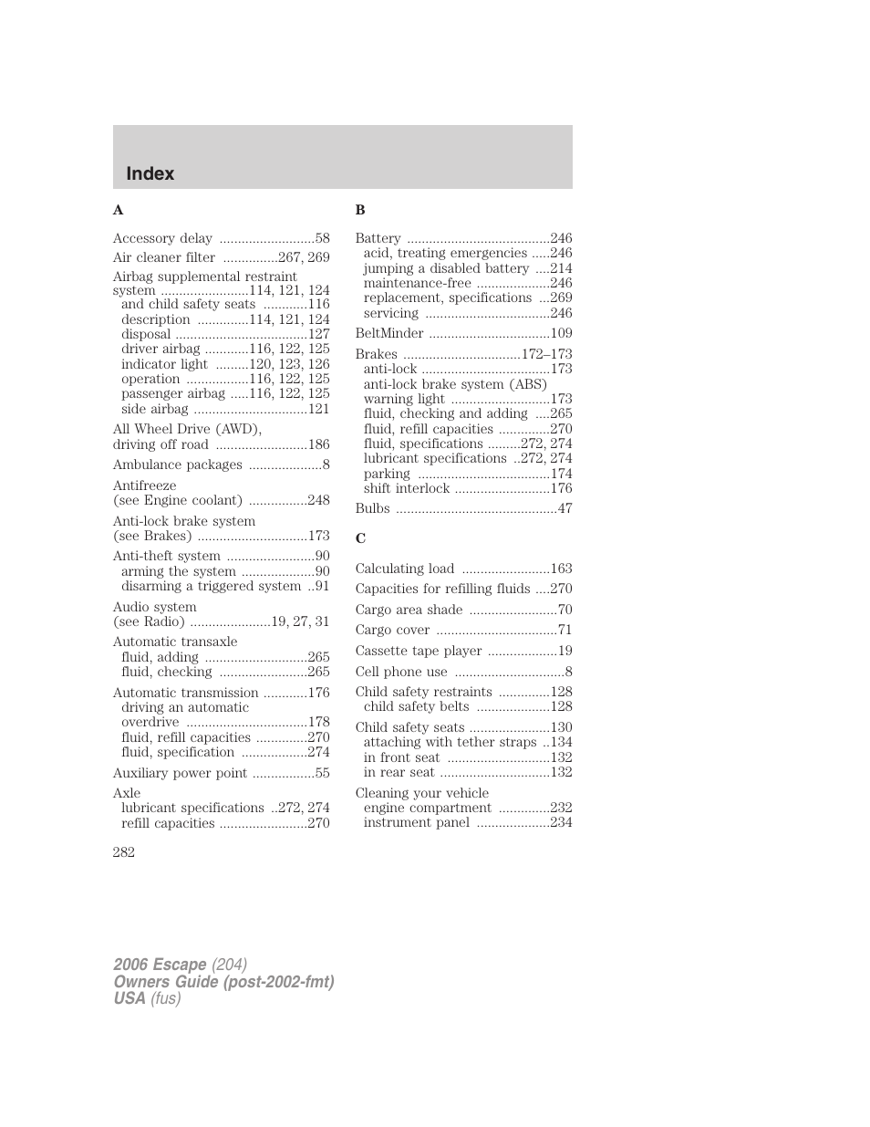 Index | FORD 2006 Escape v.1 User Manual | Page 282 / 288