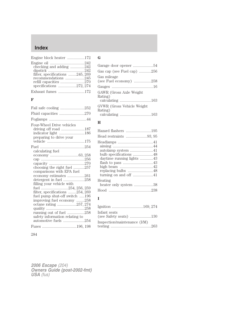 Index | FORD 2006 Escape v.1 User Manual | Page 284 / 288