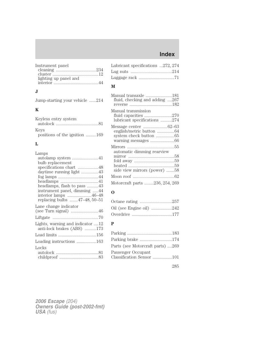 Index | FORD 2006 Escape v.1 User Manual | Page 285 / 288