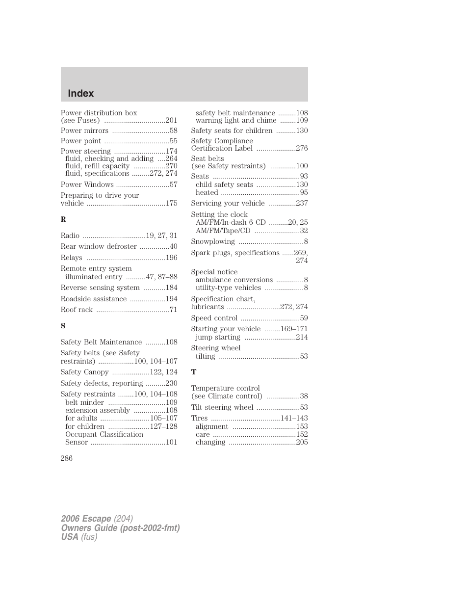 Index | FORD 2006 Escape v.1 User Manual | Page 286 / 288